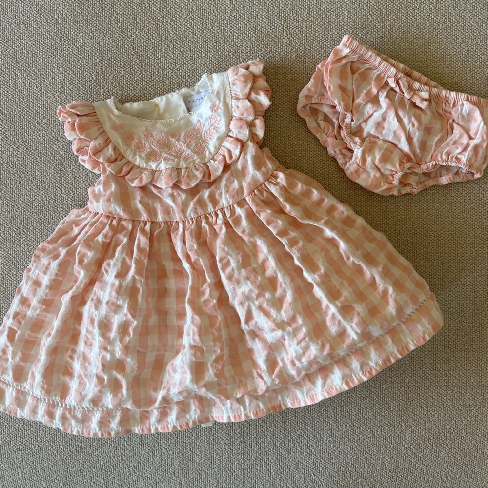 Tahari Peach Pink Gingham Infant Dress with Ruffle Collar & Embroidery • 3-6 M